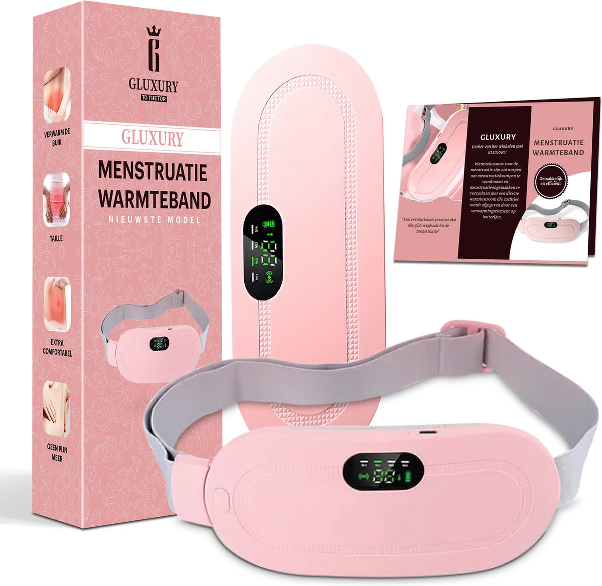 Gluxury Menstruatie Warmteband Verwarmde Menstruatieband Verwarmingsband 3 Warmtestanden Massagekussen Triltechnologie Roze