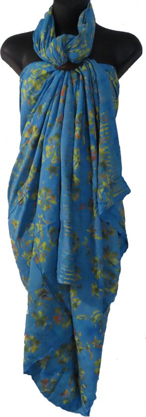 Hamamdoek, sarong, pareo, extra groot figuren patroon lengte 115 cm breedte 205 cm kleuren blauw geel groen oranje dubbel geweven extra kwaliteit.