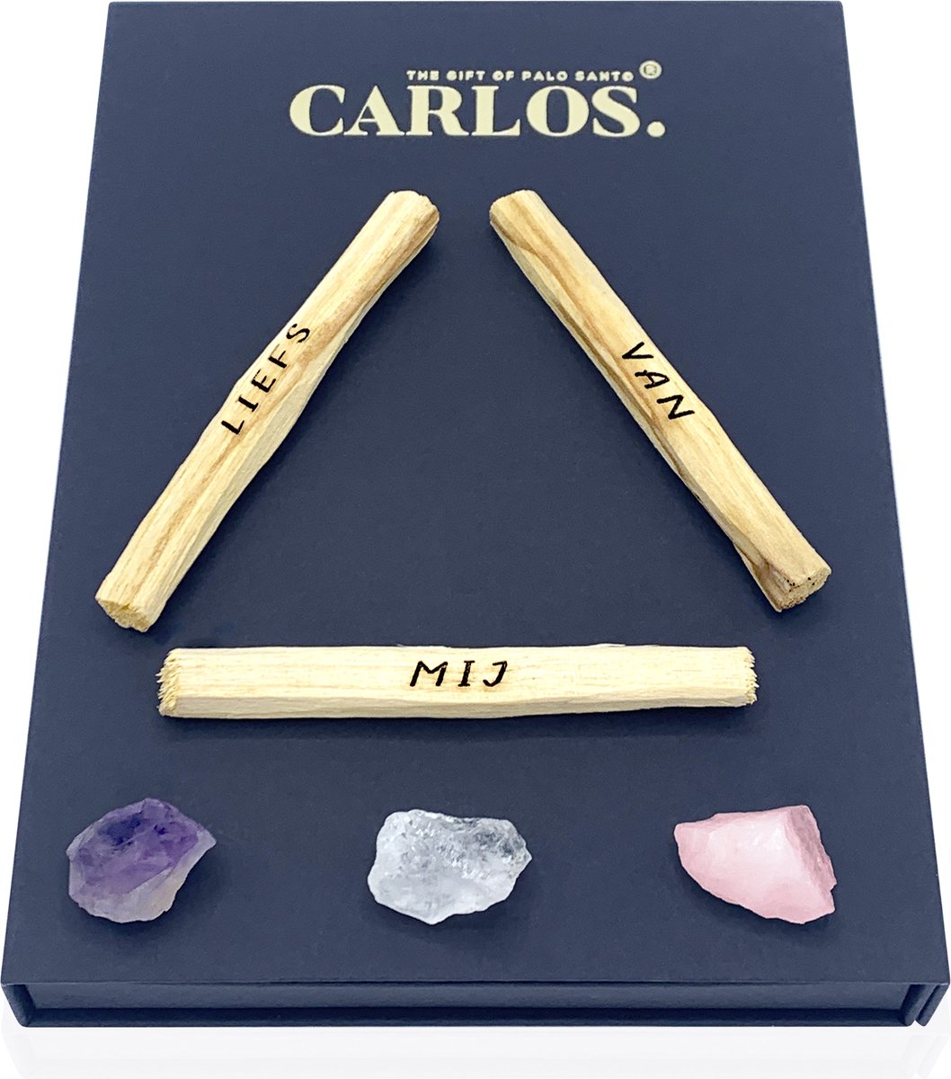 Luxe giftset PALO SANTO met gegraveerde boodschap LIEFS VAN MIJ + 3 edelstenen: amethist, bergkristal, rozenkwarts.