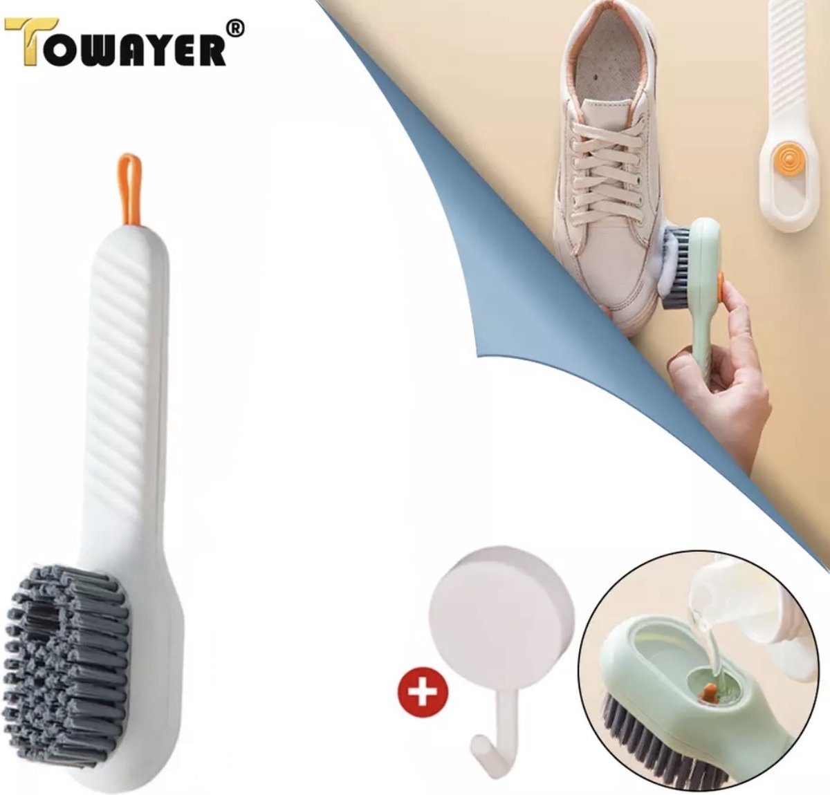 Goedkoopste Schoenenborstel / Kledingborstel / Schrobborstel met zeep dispenser - Wit - met Ophanghaak