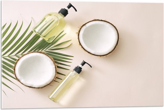 Acrylglas - Cosmetica Flesjes met Palmblad en Kokosnoten - 75x50 cm Foto op Acrylglas (Wanddecoratie op Acrylaat)