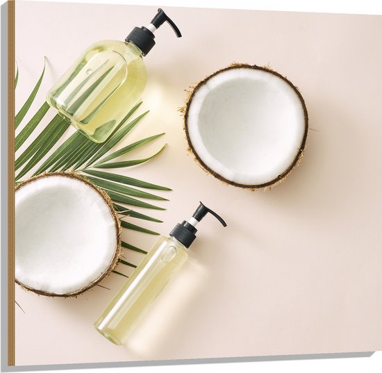 Hout - Cosmetica Flesjes met Palmblad en Kokosnoten - 100x100 cm - 9 mm dik - Foto op Hout (Met Ophangsysteem)