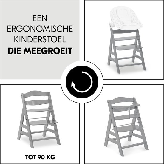 Een ergonomische kinderstoel die meegroeit, met een afbeelding van een stoel met baby-inzet en twee andere stoelen.