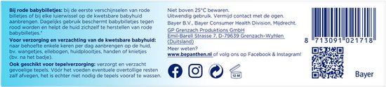 Productinformatie met tekst over de verzorging van rode babybilletjes, ingrediënten en contactgegevens.