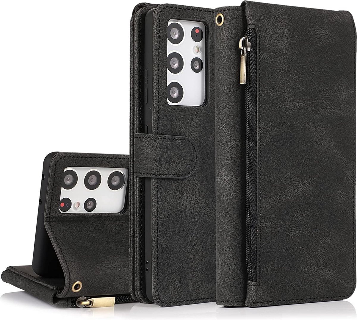 Casemania Hoesje Geschikt voor Samsung Galaxy S22 Ultra - Zwart - Luxe Portemonnee Book Case met Rits & Extra Vakken