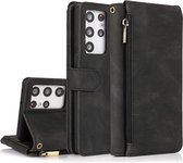 Casemania Hoesje Geschikt voor Samsung Galaxy S22 Ultra Zwart - Luxe Portemonnee Book Case met Rits & Extra Vakken
