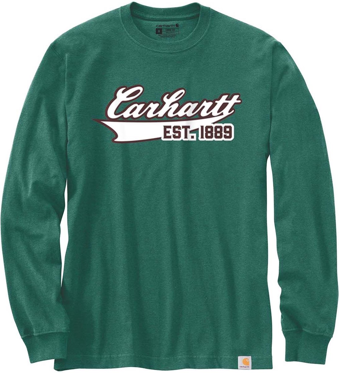 Carhartt T-shirt - Lange Mouw - Script Grafische Print - Northwood Green - Maat L (valt als XL)