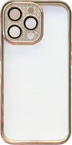 Casemania Hoesje Geschikt voor Apple iPhone 14 Pro Hoesje Goud - Transparant Back Cover met Glitter Camera Bescherming
