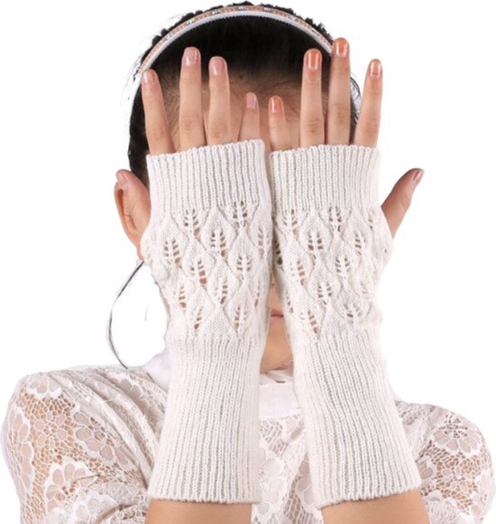 New Age Devi - Polswarmers Wit | Vingerloze Opengewerkte Gebreide Handschoenen | Handwarmers