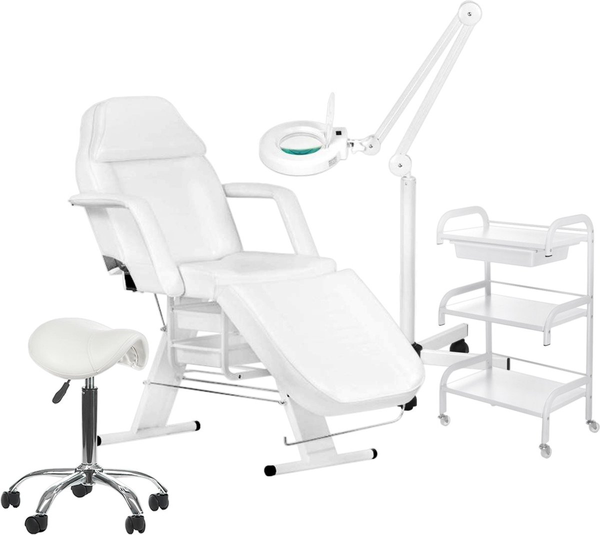 Goedkoopste MBS Behandelstoel volledige set - Professioneel - Manicure - Pedicure - Gezichtsbehandeling - wit - Incl. Hoes - Loeplamp - tafel - kruk(2