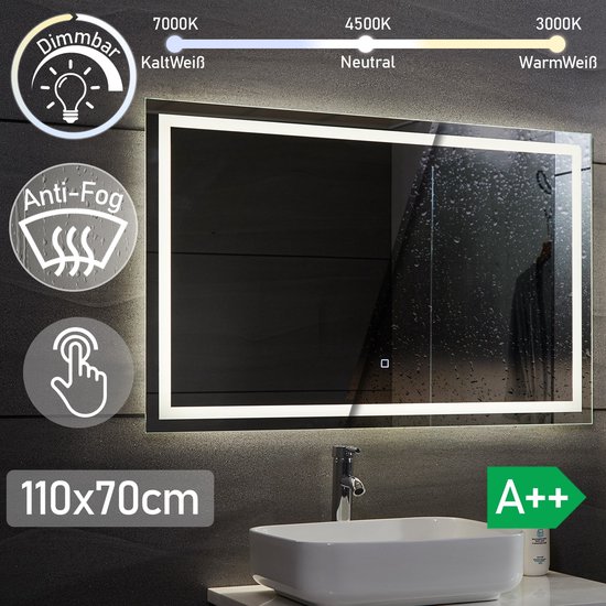 Miroir de salle de bain LED 110x70 cm dimmable, fonction anti-buée | bol.com