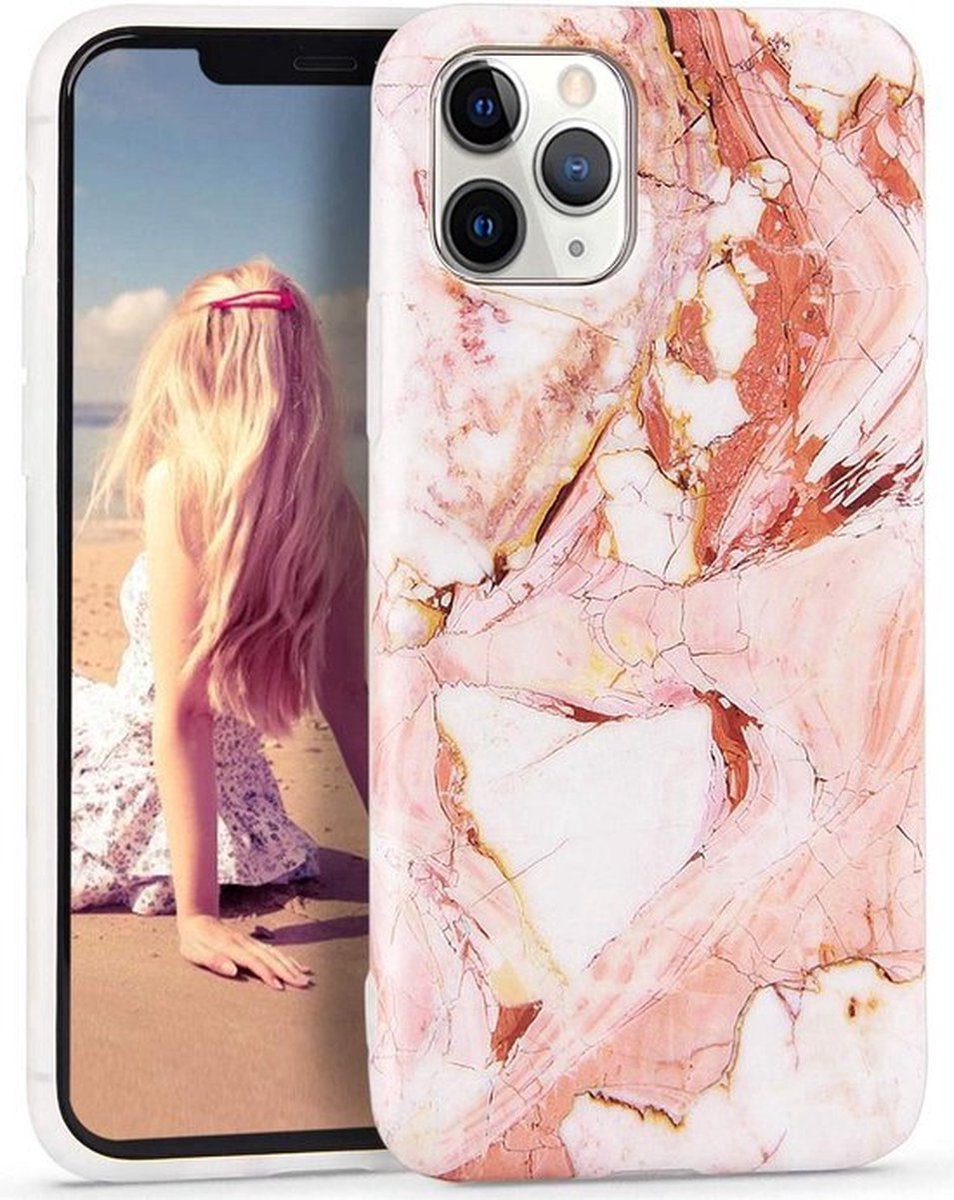 Backcover Geschikt voor Apple iPhone 14 Pro Max - Roze / Wit - Marmer - Soft TPU Hoesje