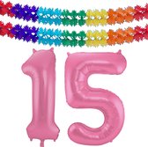 Folat folie ballonnen - Verjaardag leeftijd cijfer 15 - glimmend roze - 86 cm - en 2x feestslingers
