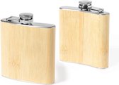 2x stuks heupfles/drank zakfles - bamboe hout/RVS - 200 ml - Drankflesje voor onderweg