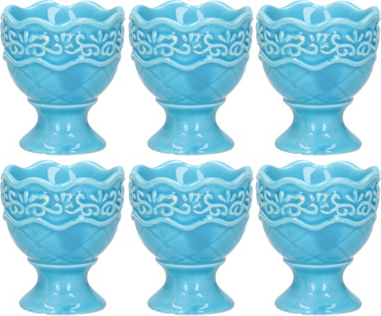 Excellent Houseware Coquetier - 6x - porcelaine - bleu pastel - 5,5 x 6,5 cm