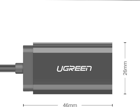 Close-up van een grijze Ugreen adapter met afmetingen 46mm x 26mm.