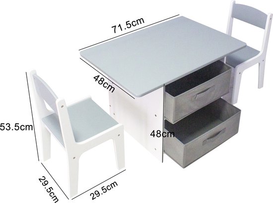 WOLTU kinderzitgroep 1 kindertafel en 2 kinderstoelen, kindertafel met opbergruimte, gemaakt van massief grenenhout, ronde tafel meubelset voor kinderen, grijs wit
