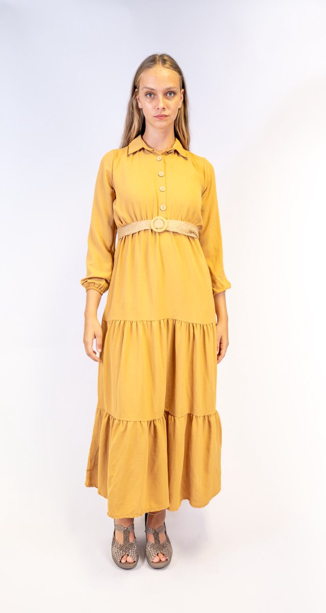 Mosterd geel lange jurk S Laat je stralen in een mosterdgele lange jurk: De perfecte keuze voor dit seizoen