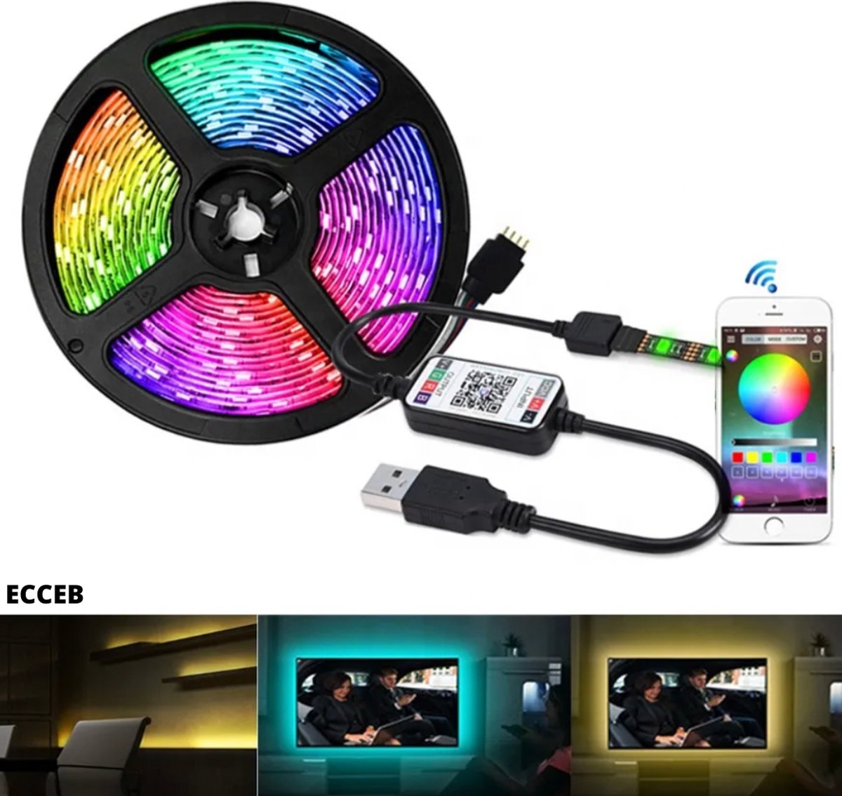 ECCEB - LED Strip - 2 x 1 Meter Rol - USB - Smartphone app - RGB - Dimbaar - Zelfklevend - 2 Meter