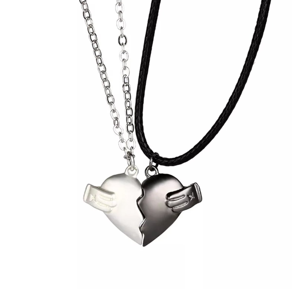 Magnetische Hartjes Ketting Heart Break | Set Magneten / Magneet | zwart koord / verzilverde ketting | Liefde | Romantisch Cadeau | Sieraad | Geschenkset