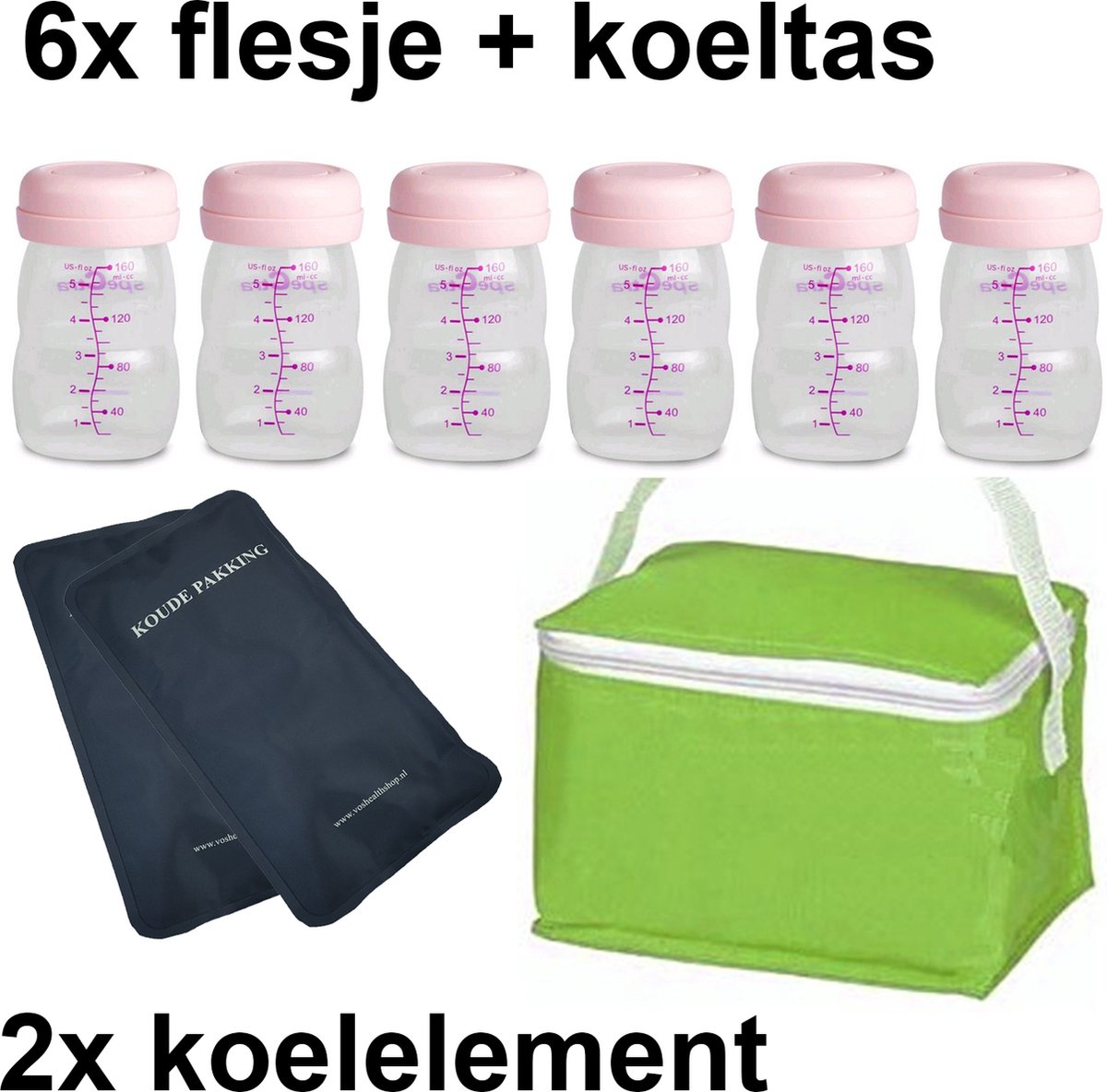Moedermelk flesjes - 6 x 160ml - met groen koeltasje en koelelementen - borstvoeding flesjes - BPA vrij