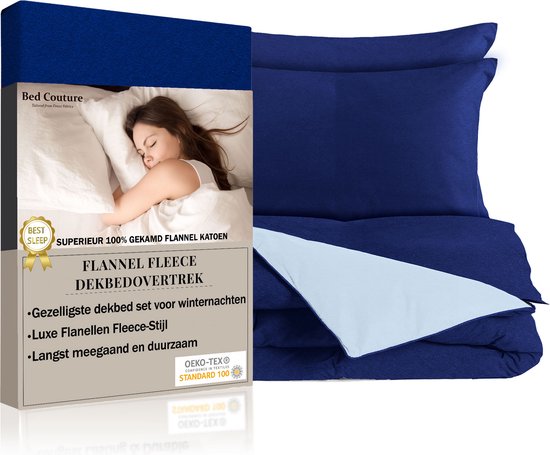 Bed Couture - Flanel Fleece Dekbedovertrek set - 100% Katoen Extra zacht en Warm - 135x200 + 2 kussenslopen 65x65 - Koningsblauw/Hemelsblauw