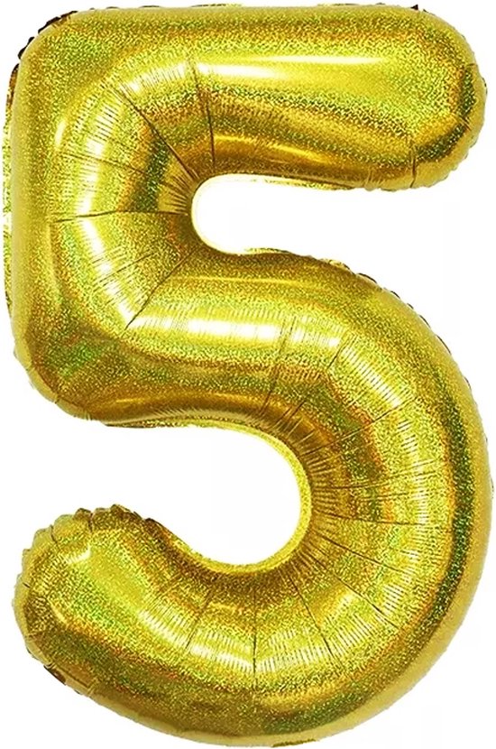 Folie Ballon Cijfer 5 Jaar Goud Glitter Verjaardag Versiering Helium Ballonnen Feest Versiering Met Rietje - 86Cm