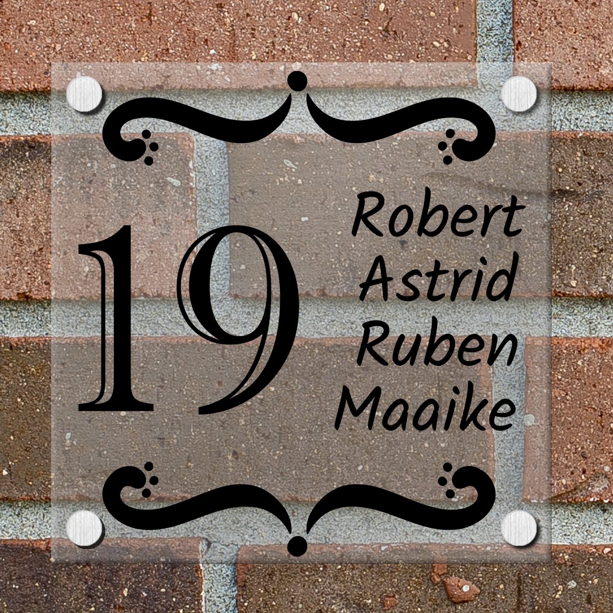 Naambordje voordeur Huis - Bord - Naam en Huisnummer - 15 x 15 cm - Plexiglas - Sierlijk