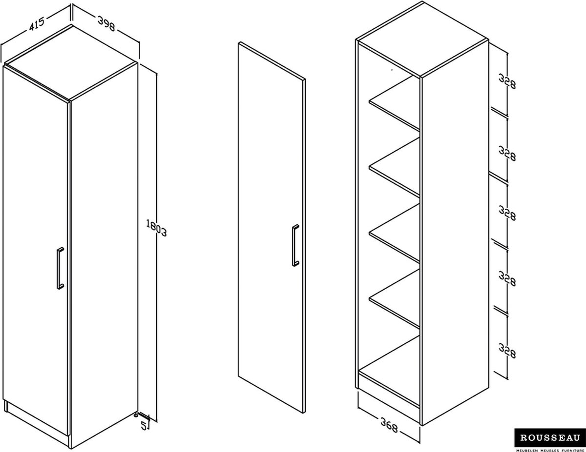 Reno Multifunctionele Kledingkast, Extra Kast Met 1 Deur En 3 Planken Moderne Kledingkast Hoge Kolomkast 41x37h182 Cm Cement En Wit