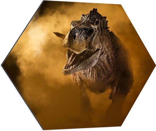 Dibond Hexagon - Angstaanjagend T-rex Dinosaurs vanuit Oranje Mist - 80x69.6 cm Foto op Hexagon (Met Ophangsysteem)