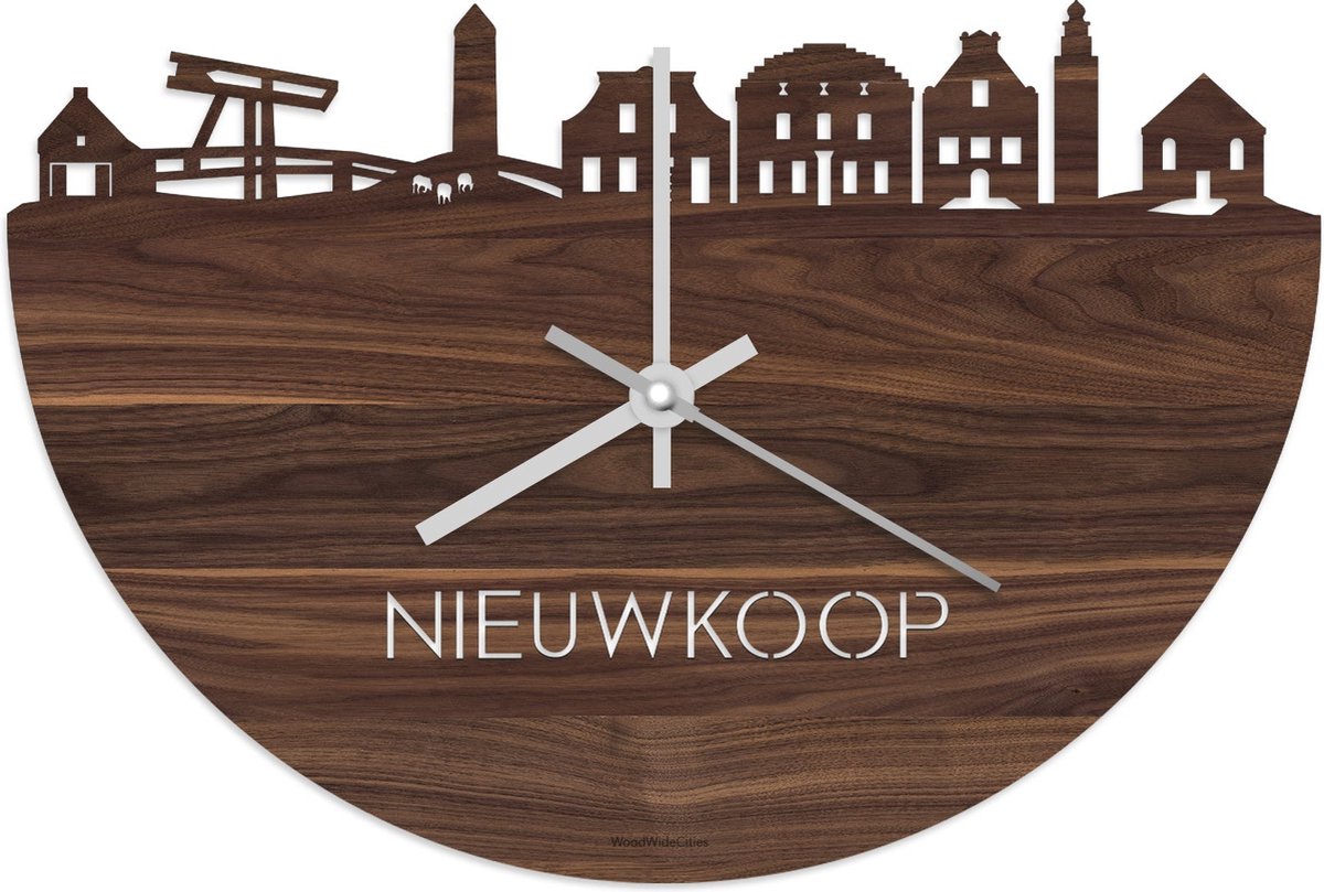 Skyline Klok Nieuwkoop Notenhout - Ø 40 cm - Stil uurwerk - Wanddecoratie - Meer steden beschikbaar - Woonkamer idee - Woondecoratie - City Art - Steden kunst - Cadeau voor hem - Cadeau voor haar - Jubileum - Trouwerij - Housewarming - WoodWideCities