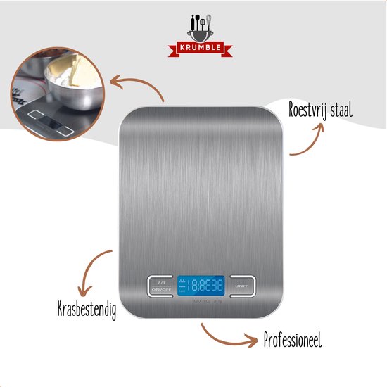 Krumble Digitale Precisie Keukenweegschaal - Tot 5000 gram (5 kg) - RVS - Krumble