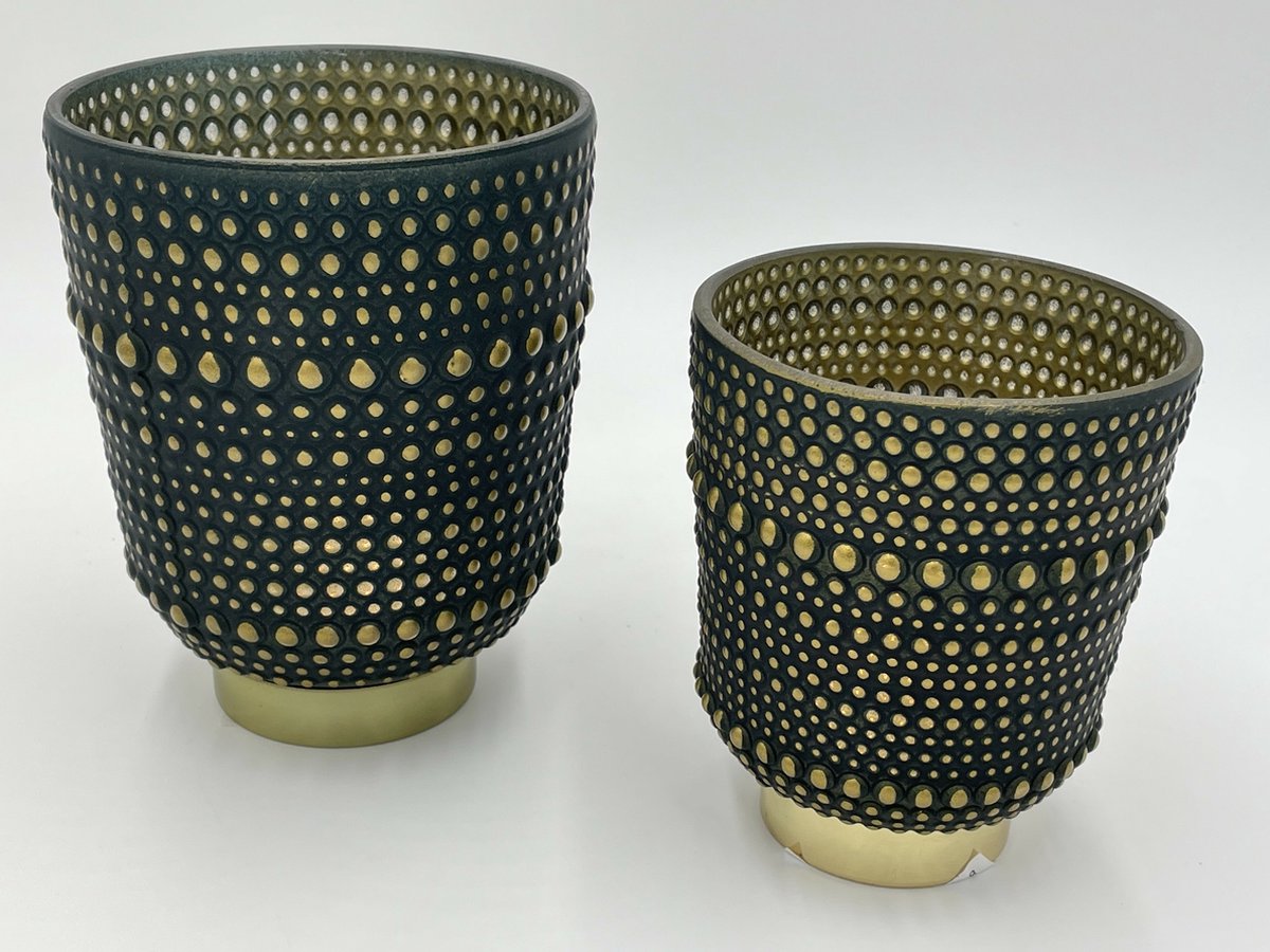 Set van 2 kaarsenhouder waxinelicht windlicht zwart goud glas 16,2x13 / 11 x 13,2 | 920048-8SET | Mansion Atmosphere