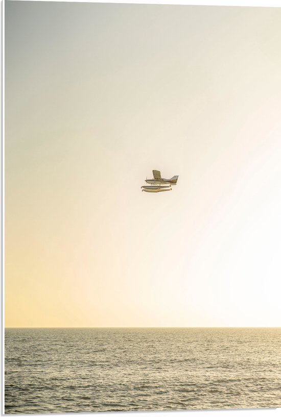 WallClassics - PVC Schuimplaat - Vliegtuig Vliegend boven Water met Boeien bij Lichtkleurige Lucht - 50x75 cm Foto op PVC Schuimplaat (Met Ophangsysteem)