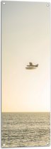 WallClassics - Tuinposter – Vliegtuig Vliegend boven Water met Boeien bij Lichtkleurige Lucht - 40x120 cm Foto op Tuinposter (wanddecoratie voor buiten en binnen)