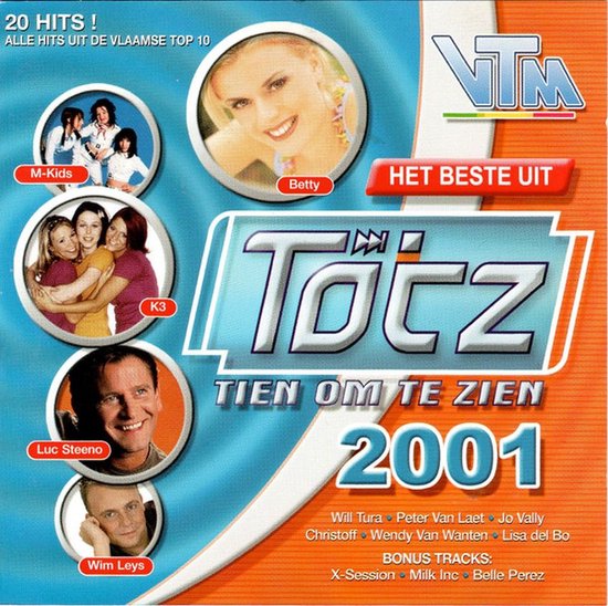CD-hoes van "Het Beste Uit Tienez Om Te Zien 2001" met foto's van artiesten Betty, M-Kids, K3, Luc Steeno en Wim Leys. De cover heeft de tekst "Het Beste Uit Tienez Om Te Zien 2001".
