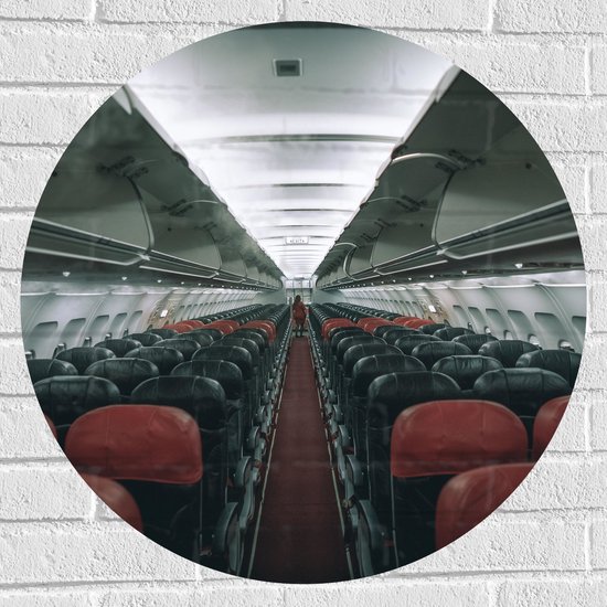 WallClassics - Muursticker Cirkel - Binnenkant van Vliegtuig - 70x70 cm Foto op Muursticker