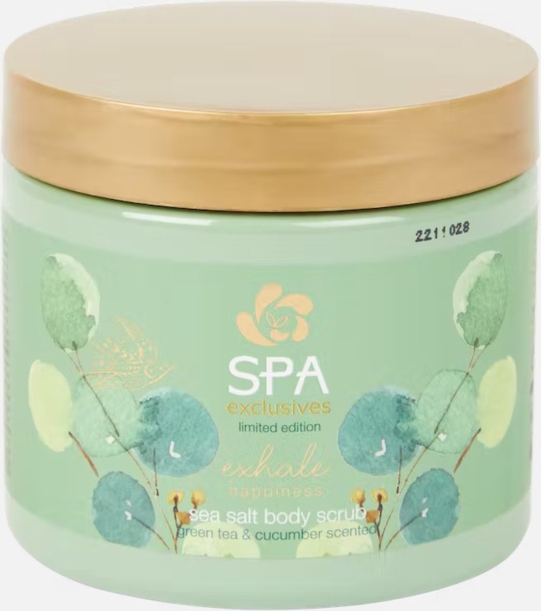 Sea salt body scrub Exhale Happiness 500 gram - Green tea & Cucumber - Spa Exclusives - Groene thee & komkommer Bodyscrub - Limited Edition - Vegan