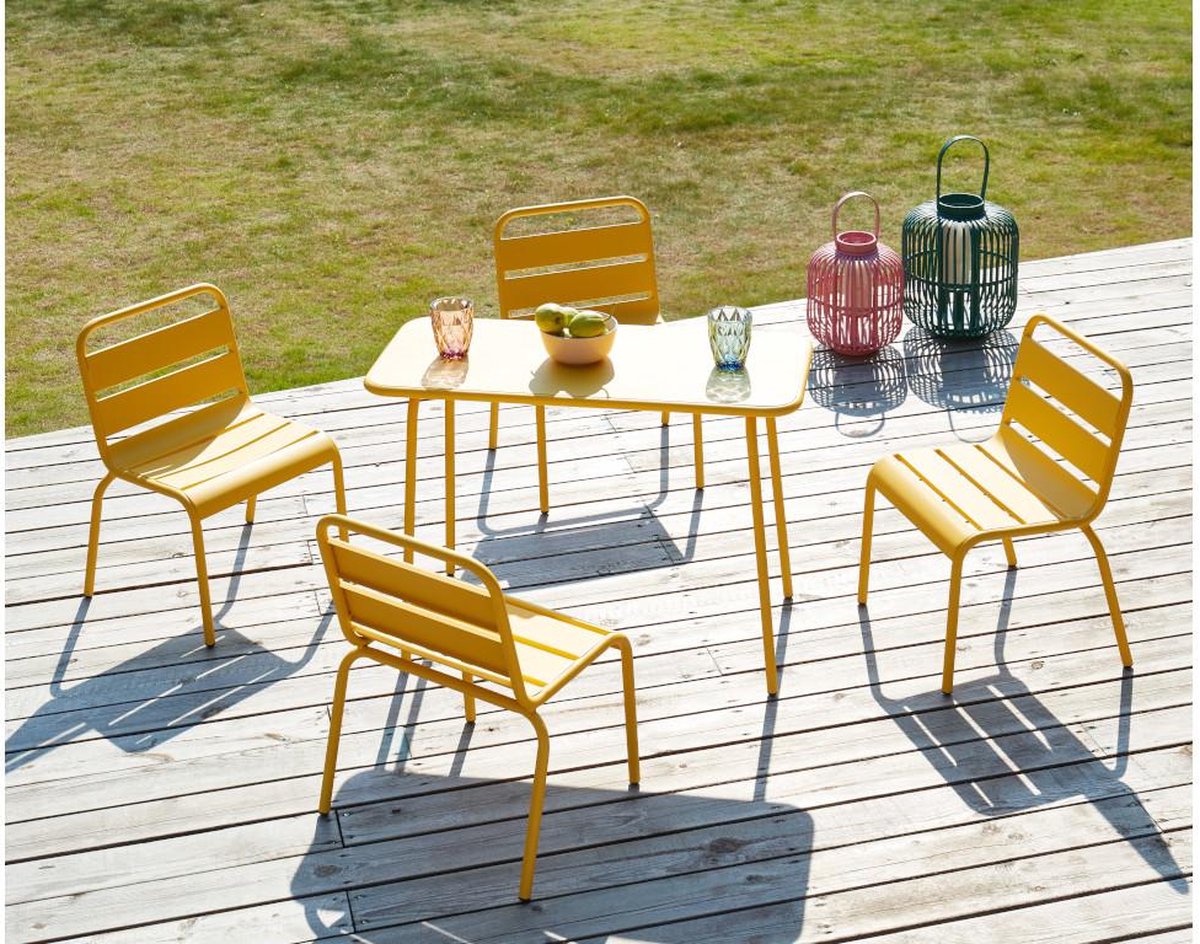 MYLIA Metalen eettafelset voor kinderen POPAYAN - Een tafel en 4 stapelbare stoelen - Geel L 80 cm x H 55.5 cm x D 39 cm