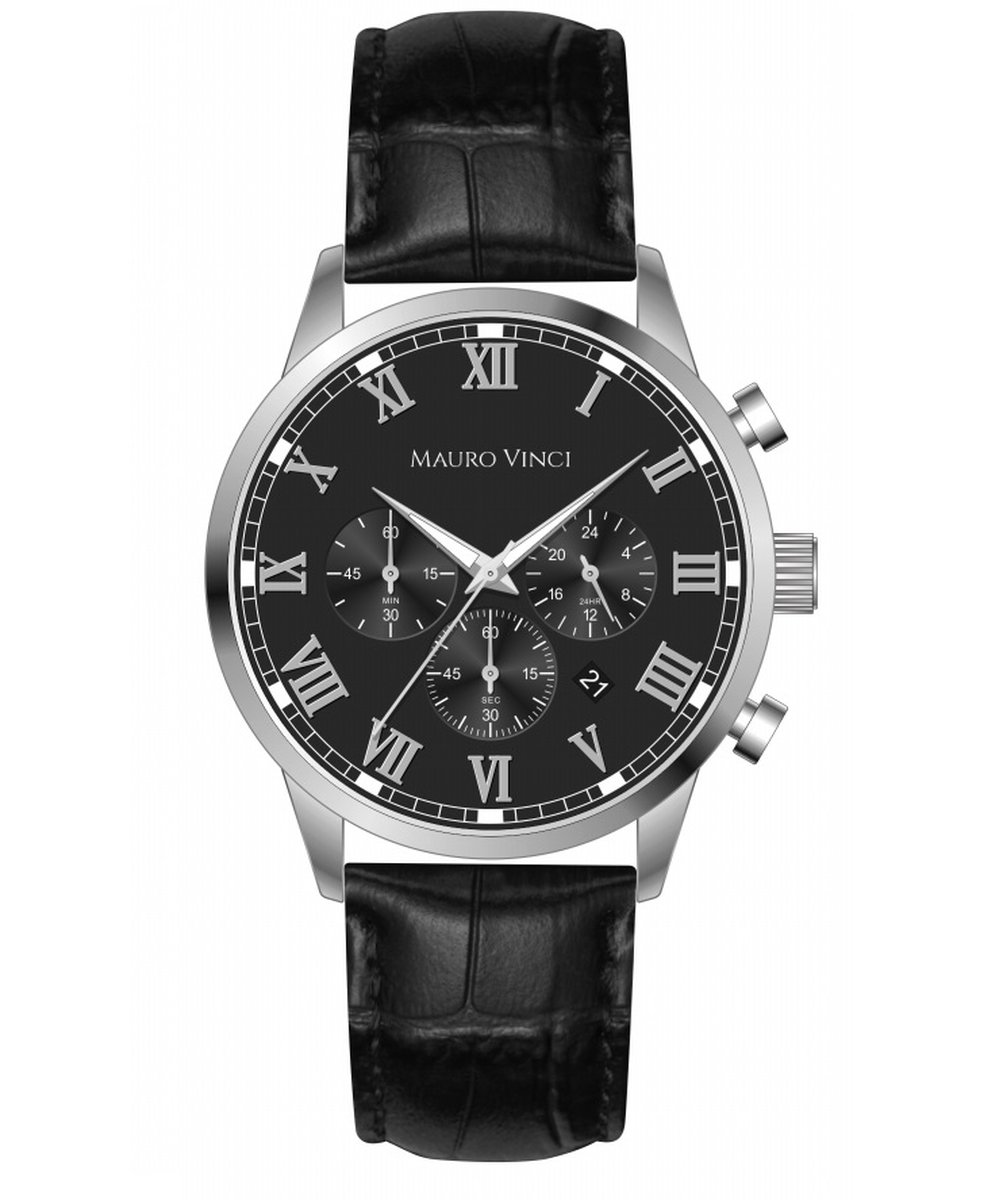 Heren horloge Mauro Vinci Staal Zilver- Zwart Romeins met lederen bewaardoos - Sports line 420 stalen horloge met Japans binnenwerk
