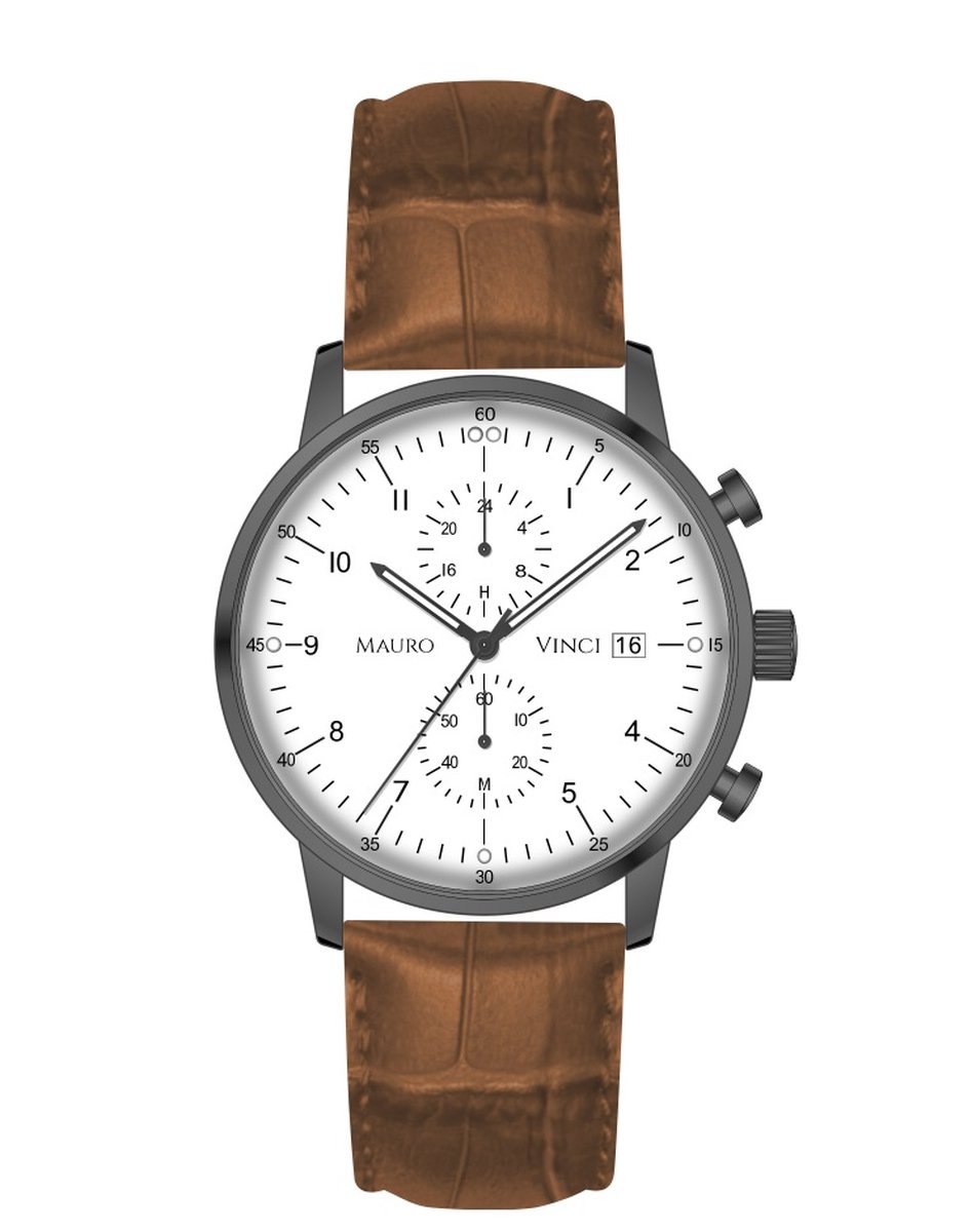 Horloge heren cognac wit - Mauro Vinci zwart staal met lederen bewaardoos - Business line 420 stalen horloge voor mannen met quartz Japans binnenwerk