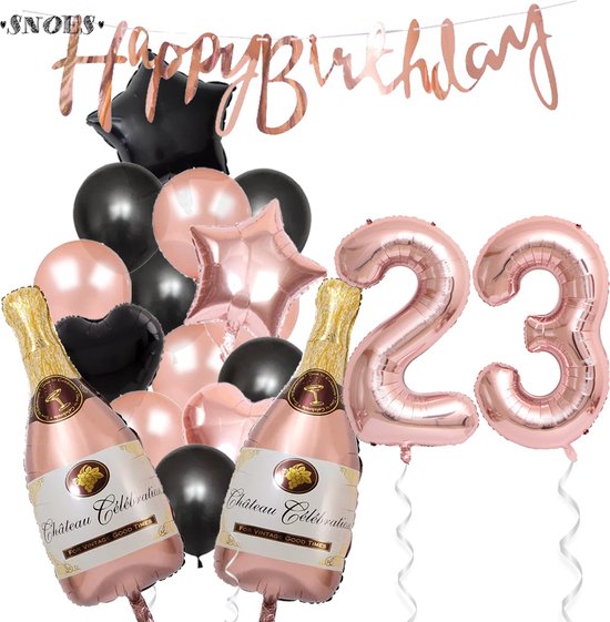 23 Jaar Verjaardag Cijferballon 23 - Feestpakket Snoes Ballonnen Pop The Bottles - Rose Zwart Versiering