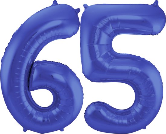 Folat Folie ballonnen - 65 jaar cijfer - blauw - 86 cm - leeftijd feestartikelen