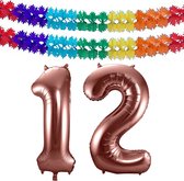 Folie ballonnen - Leeftijd cijfer 12 - brons - 86 cm - en 2x slingers