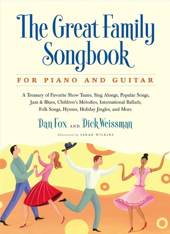 Boekomslag met de titel 'The Great Family Songbook' en een illustratie van vier dansende mensen.