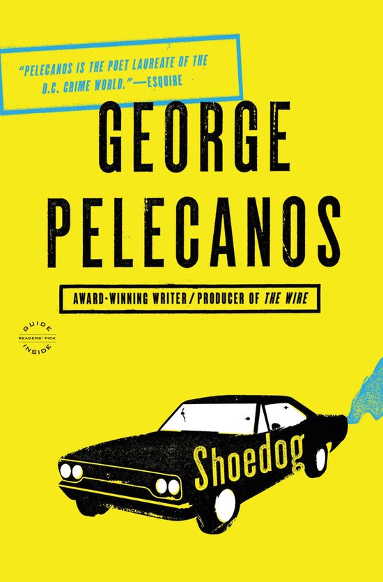 Boek "Shoedog" van George Pelecanos, met gele achtergrond en een zwarte auto.