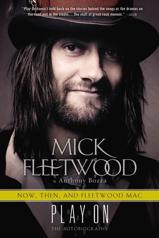 Boekomslag met close-up van Mick Fleetwood met lange bruine haren, baard, hoed en tekst "MICK FLEETWOOD PLAY ON THE AUTOBIOGRAPHY".