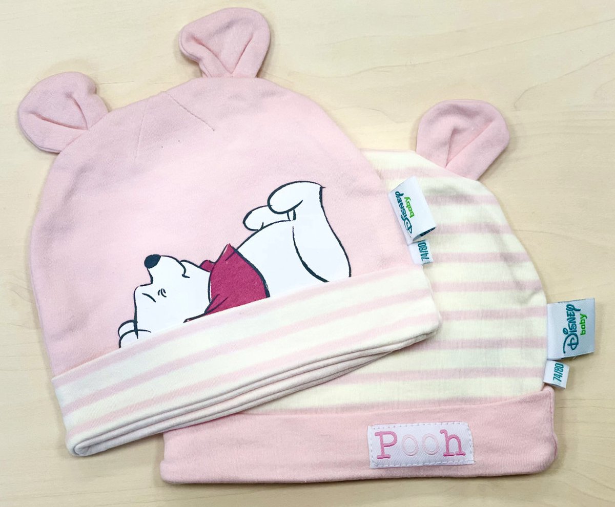 Set van 2 stuks Winnie de Pooh baby mutsjes, roze/creme, maat 74/80