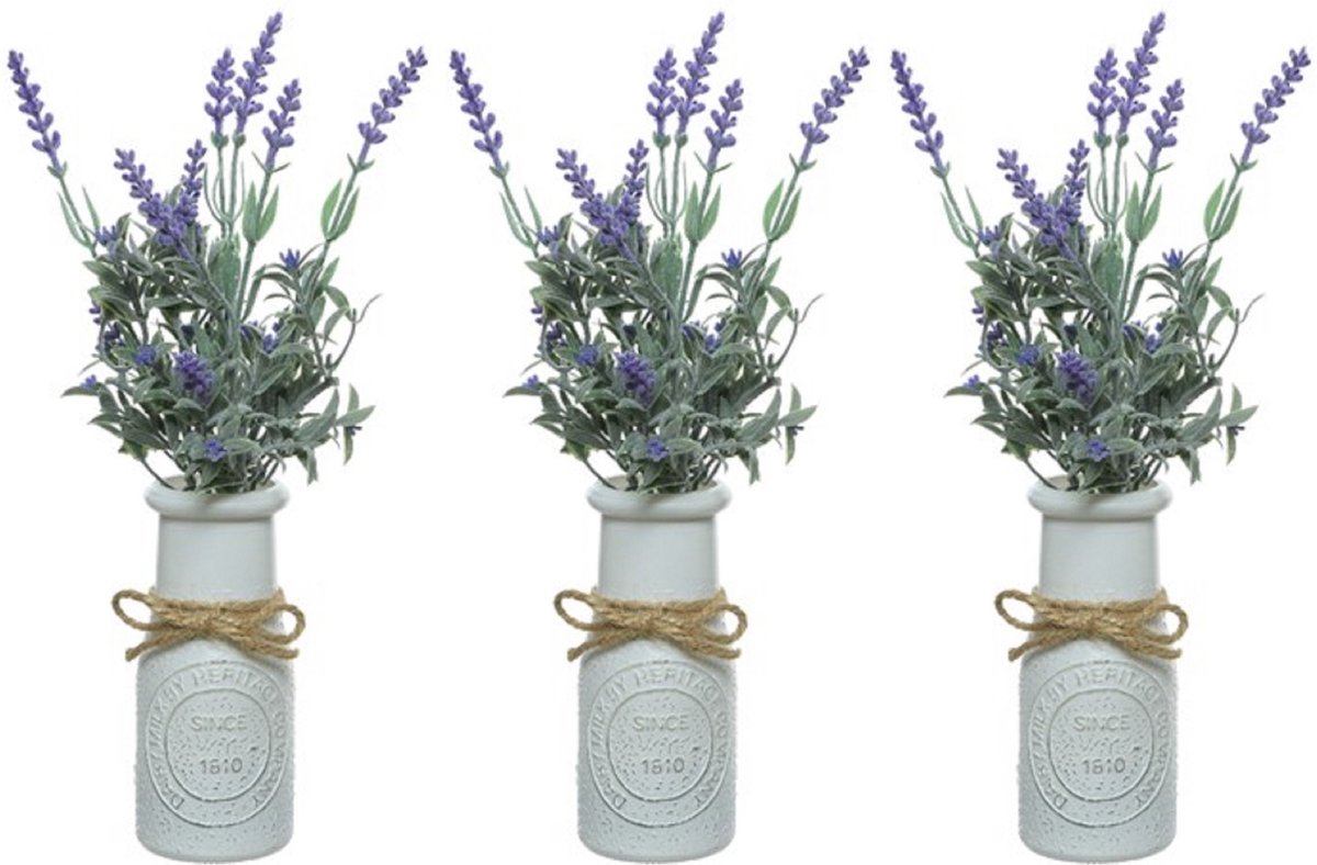 Decoris Lavendel kunstplant - 8x stuks - in witte pot - paars - H32 cm - lavandula