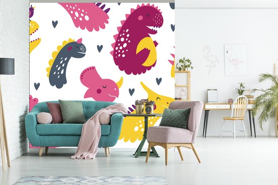 Behang babykamer - Fotobehang Dino - Patronen - Kind - Roze - Meisjes - Breedte 220 cm x hoogte 220 cm - Kinderbehang